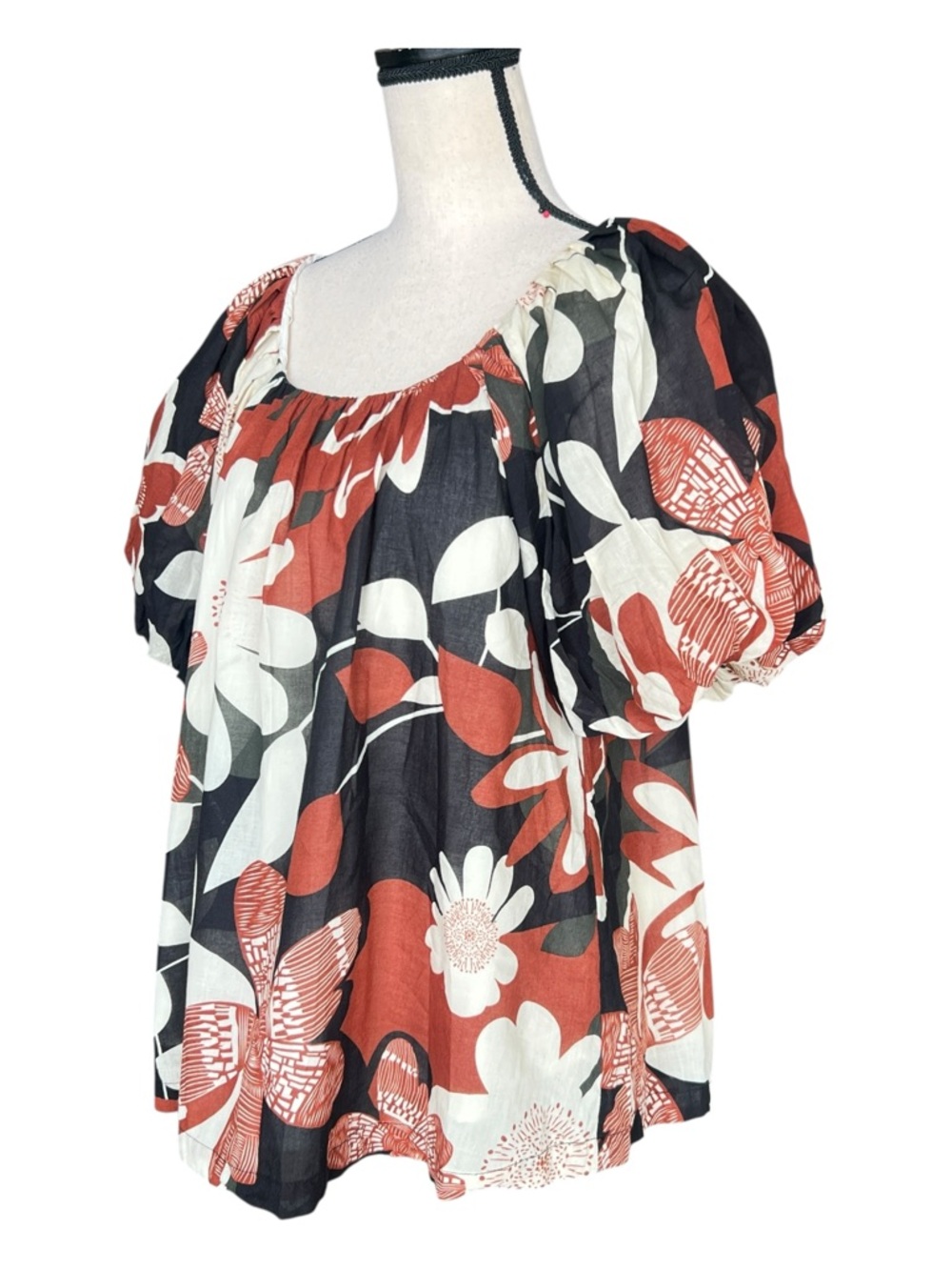 Umgee Black & Rust Floral Puff Sleeve Blouse Size M - Picture 10 of 11